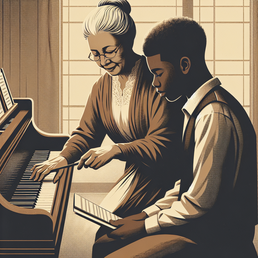 Music teacher working with a student at the piano