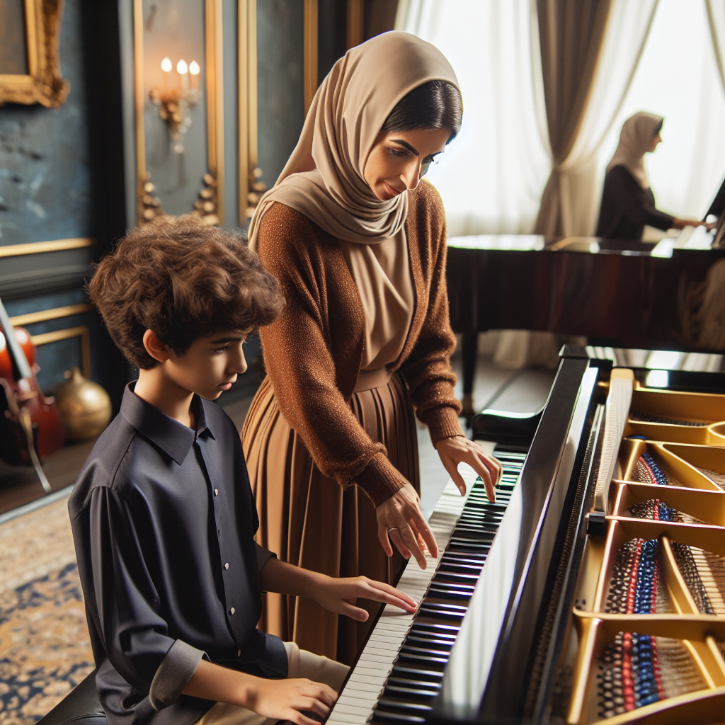 Music teacher mentoring a student at the piano