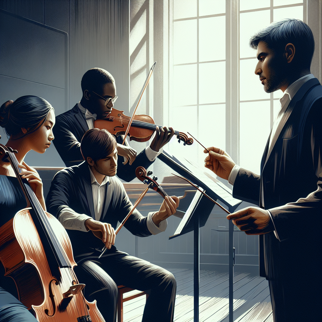 Music teacher coaching a small ensemble